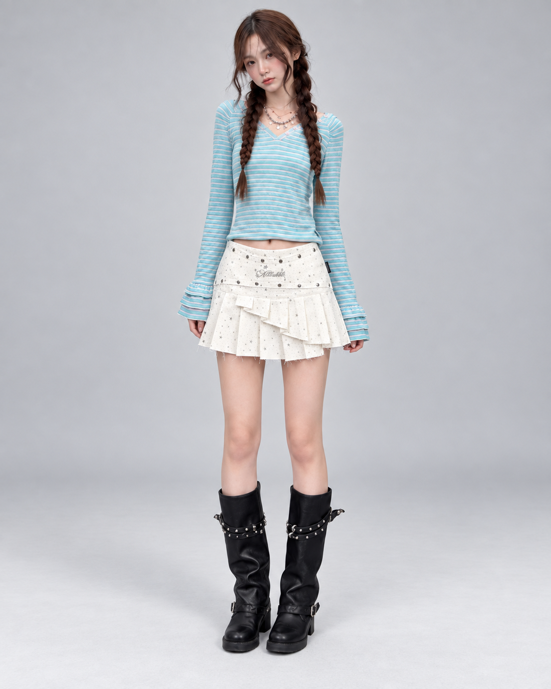 Star Print Studded Adjustable Pleated Mini Skirt