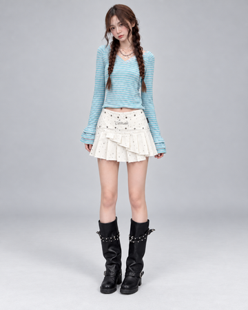 Star Print Studded Adjustable Pleated Mini Skirt