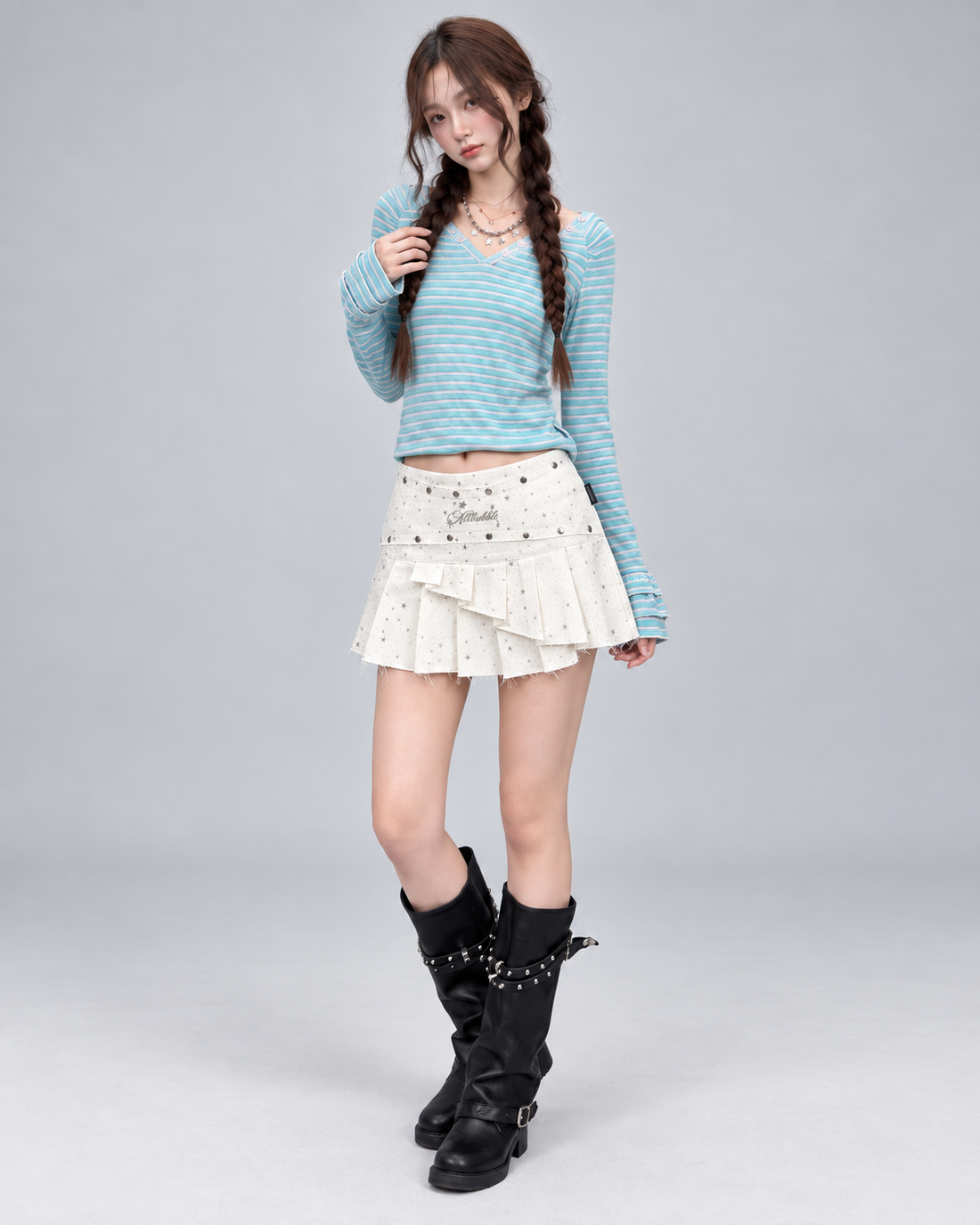 Star Print Studded Adjustable Pleated Mini Skirt