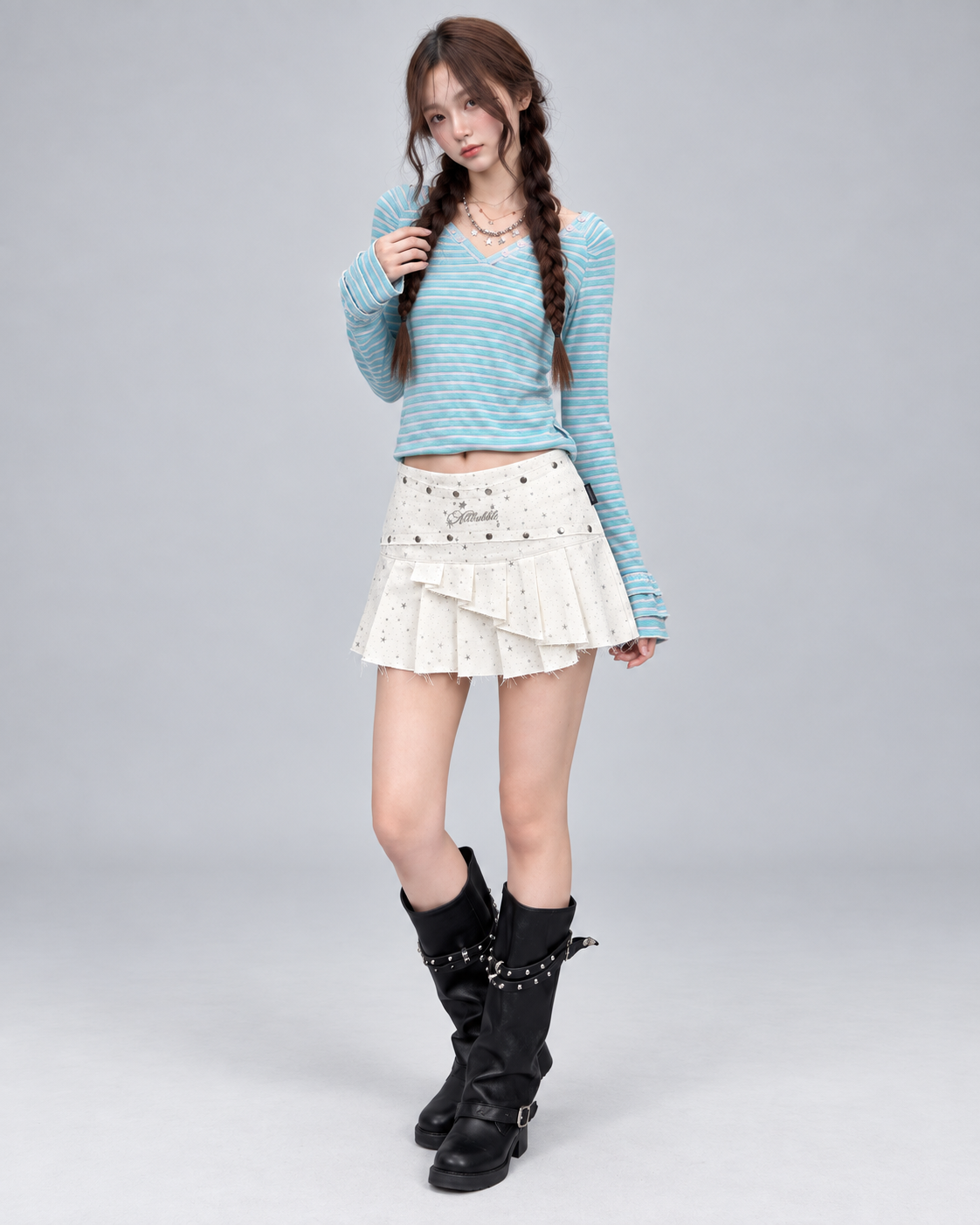 Star Print Studded Adjustable Pleated Mini Skirt
