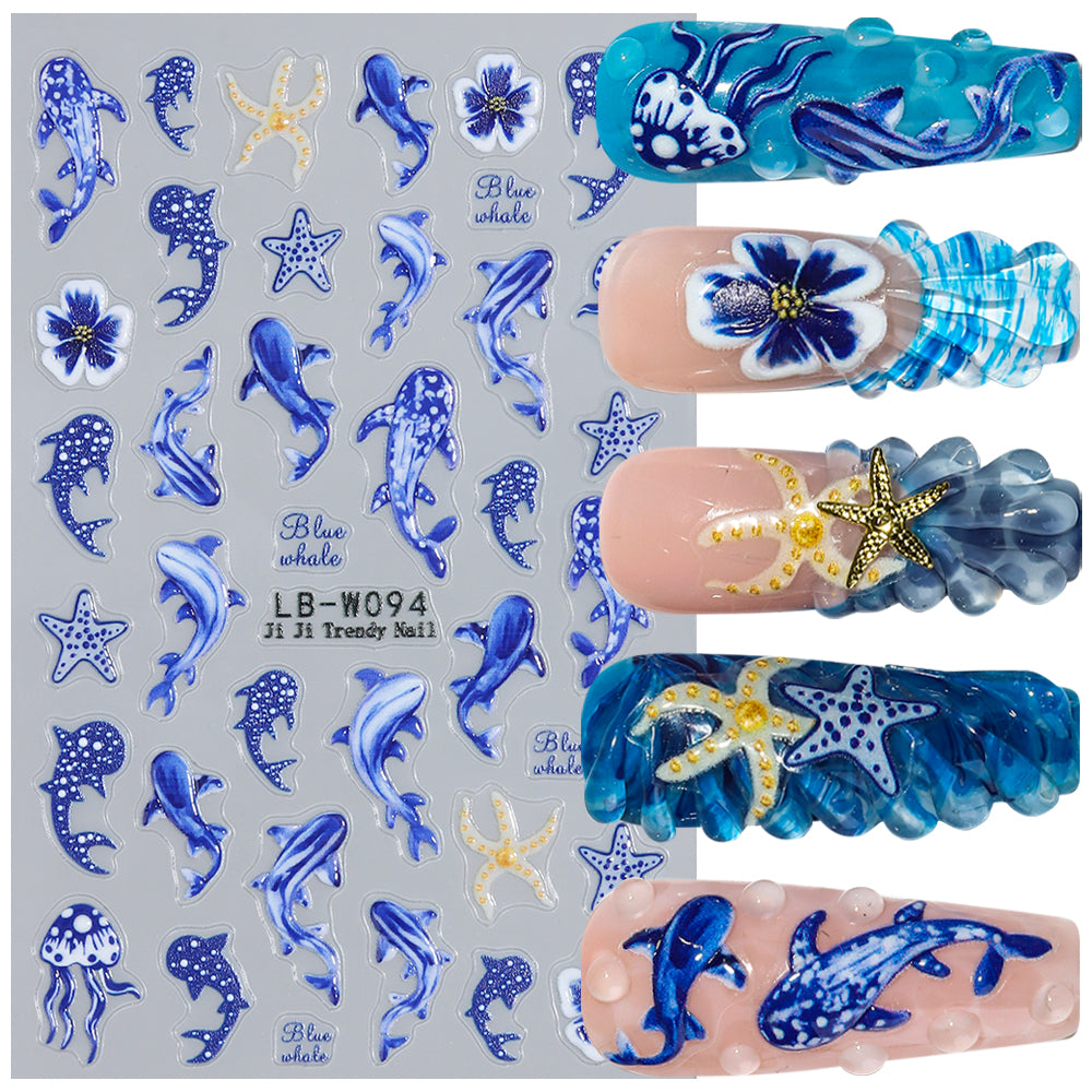 Summer Ocean Whale Dolphin Nail Stickers Blue Whale Starfish Marine Waterproof Nail Decals