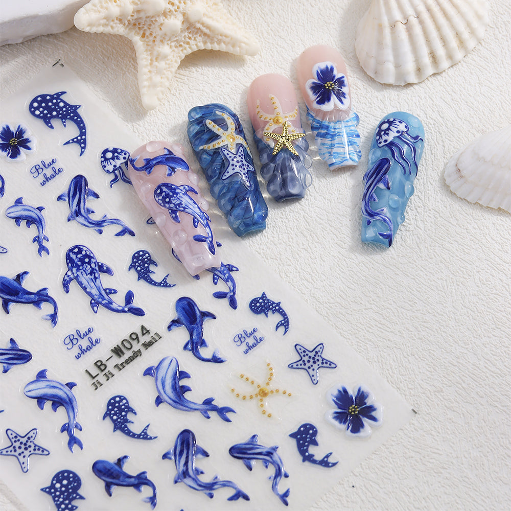 Summer Ocean Whale Dolphin Nail Stickers Blue Whale Starfish Marine Waterproof Nail Decals