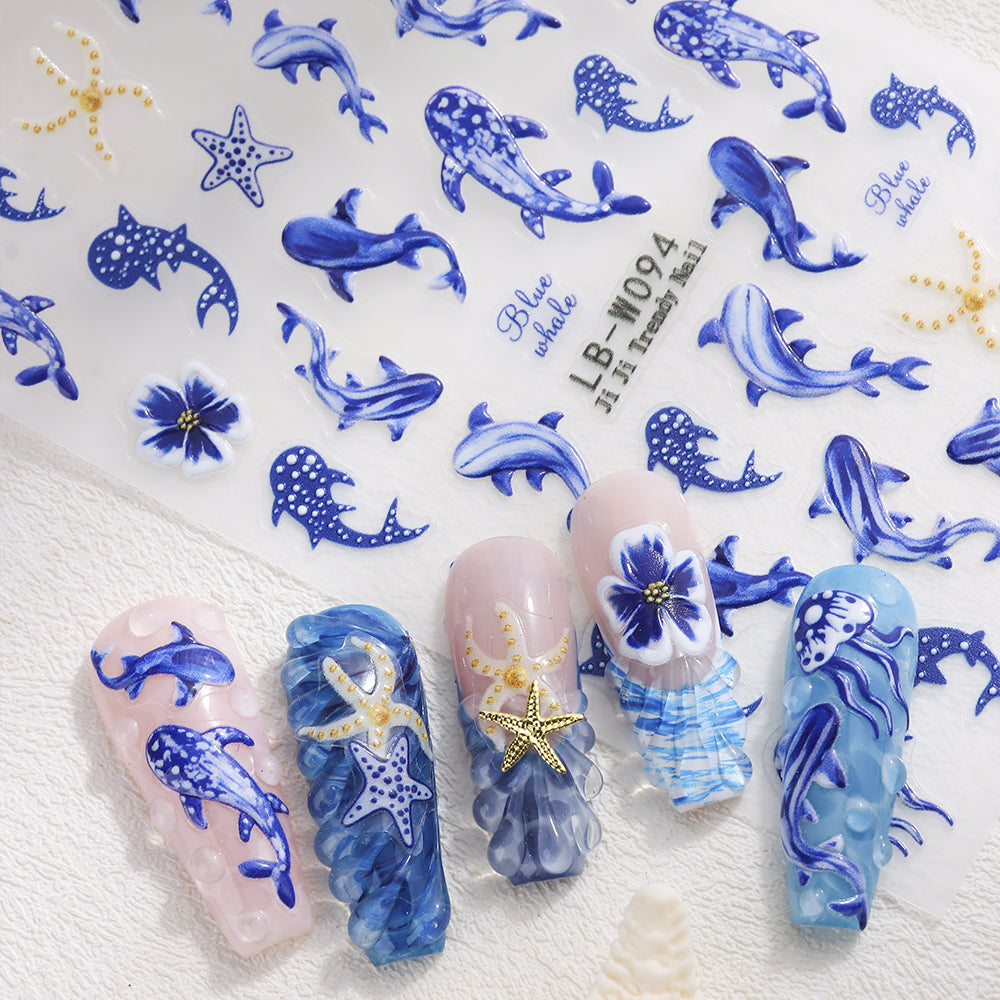 Summer Ocean Whale Dolphin Nail Stickers Blue Whale Starfish Marine Waterproof Nail Decals