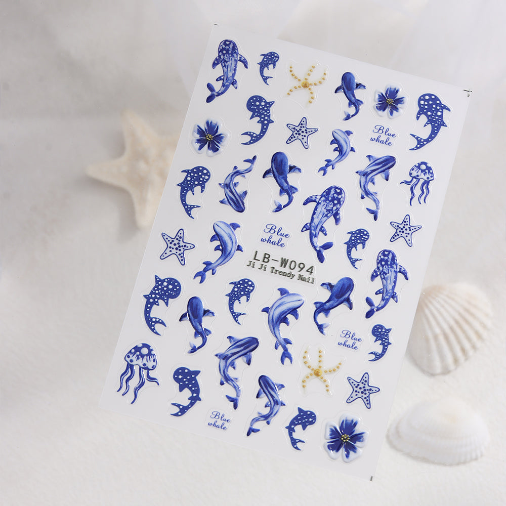 Summer Ocean Whale Dolphin Nail Stickers Blue Whale Starfish Marine Waterproof Nail Decals