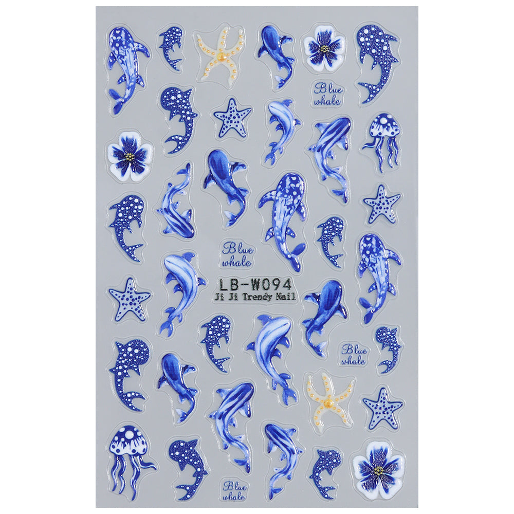 Summer Ocean Whale Dolphin Nail Stickers Blue Whale Starfish Marine Waterproof Nail Decals