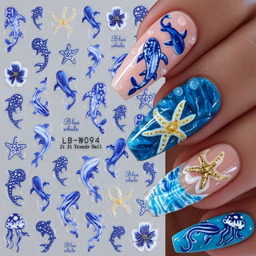 Summer Ocean Whale Dolphin Nail Stickers Blue Whale Starfish Marine Waterproof Nail Decals