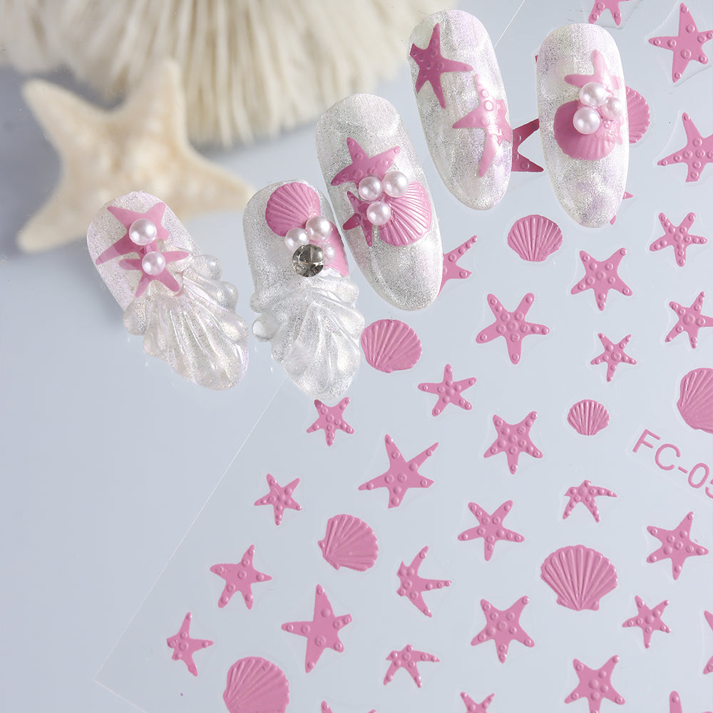 Summer Sea Star Shell Nail Stickers 3D Embossed DIY Nail Art