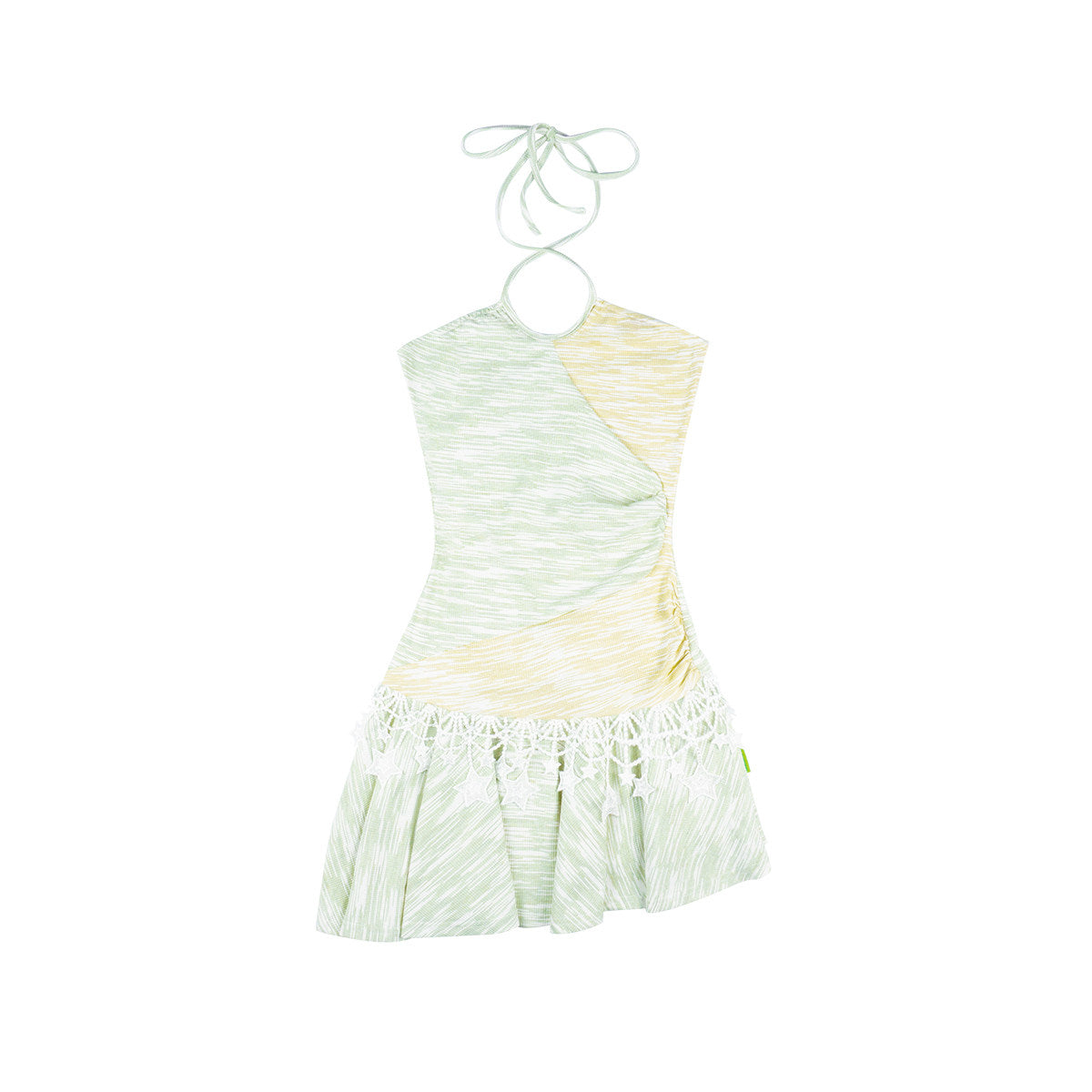 Summer Star Pastel Yellow Green Colorblock Halter Ruffle Mini Dress