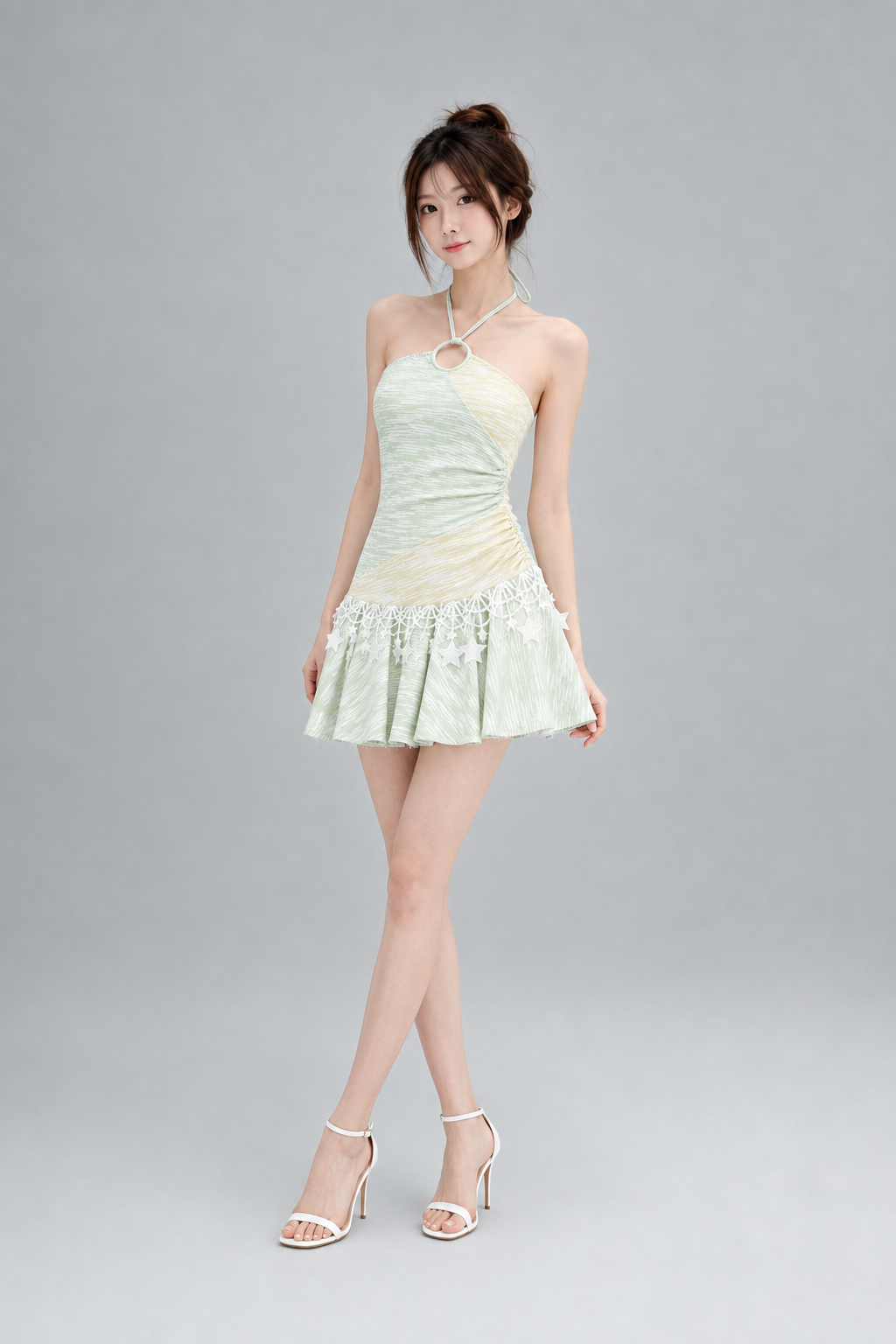 Summer Star Pastel Yellow Green Colorblock Halter Ruffle Mini Dress