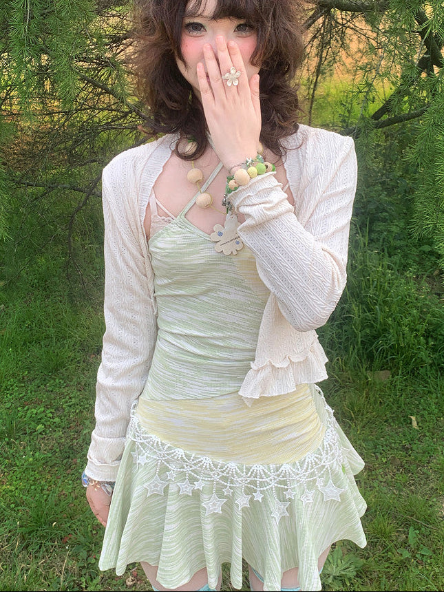 Summer Star Pastel Yellow Green Colorblock Halter Ruffle Mini Dress