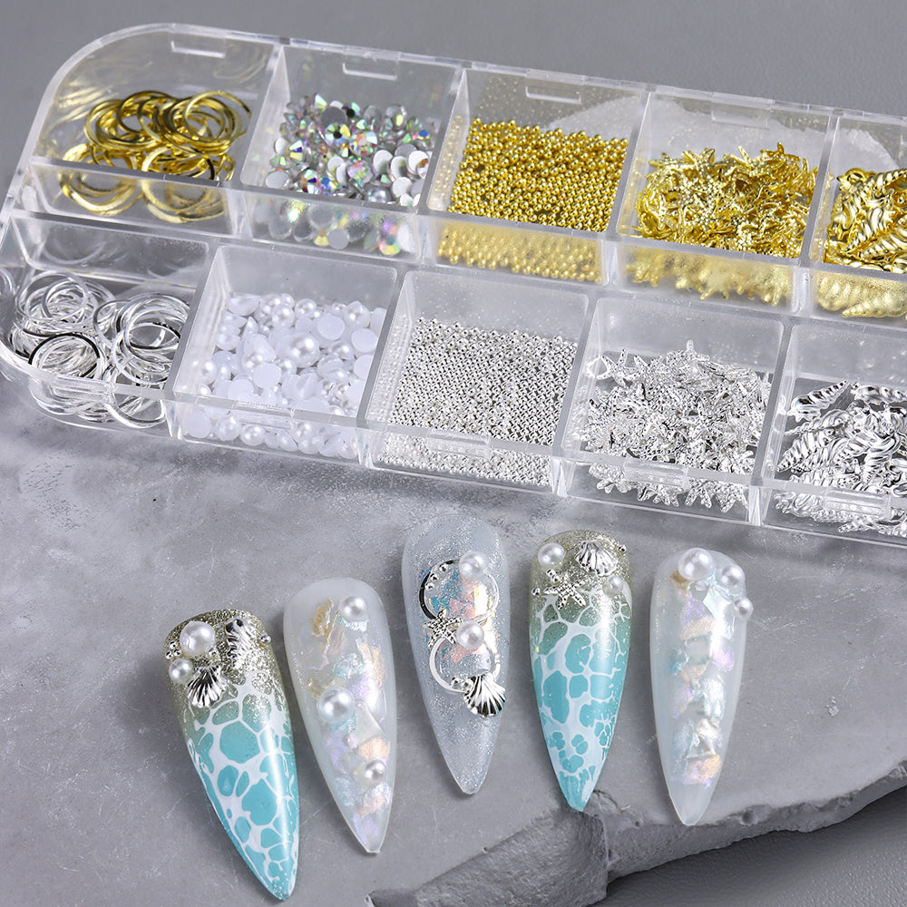 Summer Vacation Nail Art Decoration Kit Gold Silver Shell Starfish Pearl Hollow Rings DIY Ins Inspired