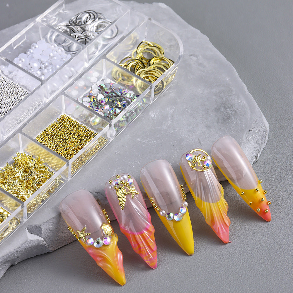Summer Vacation Nail Art Decoration Kit Gold Silver Shell Starfish Pearl Hollow Rings DIY Ins Inspired