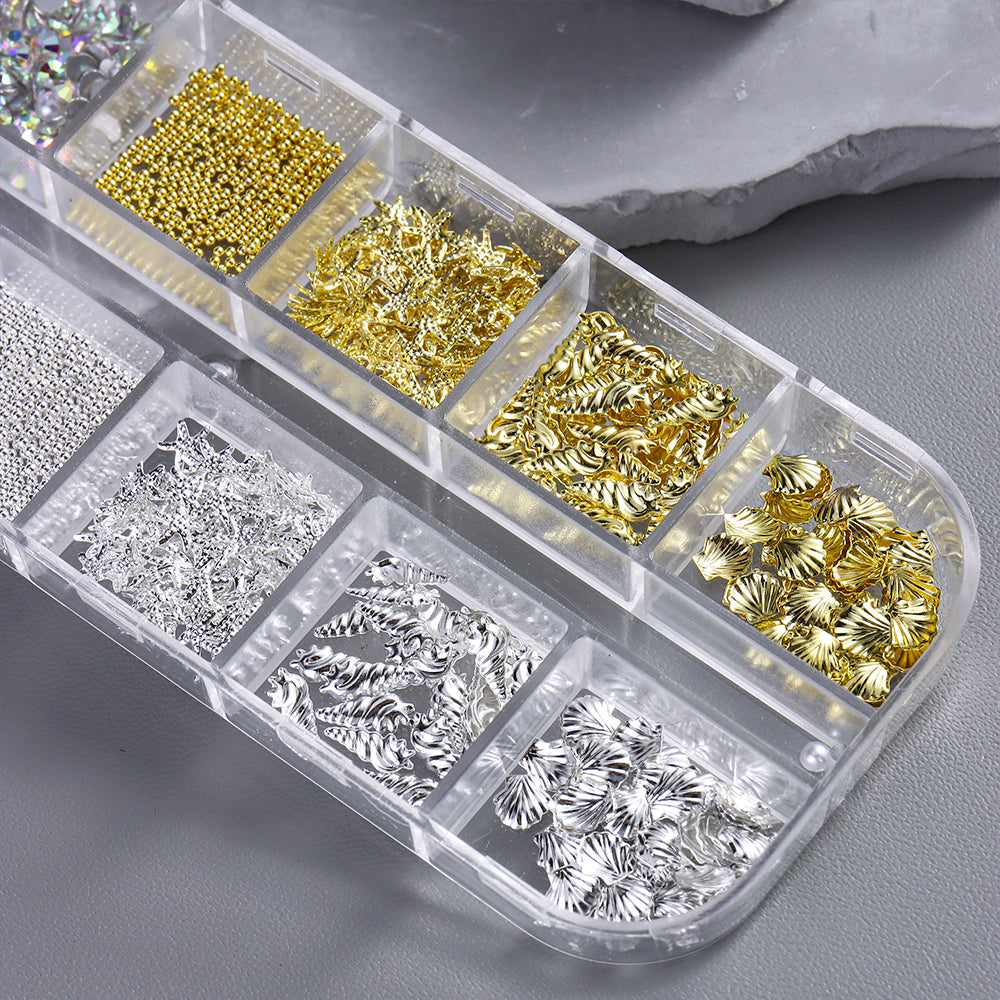 Summer Vacation Nail Art Decoration Kit Gold Silver Shell Starfish Pearl Hollow Rings DIY Ins Inspired
