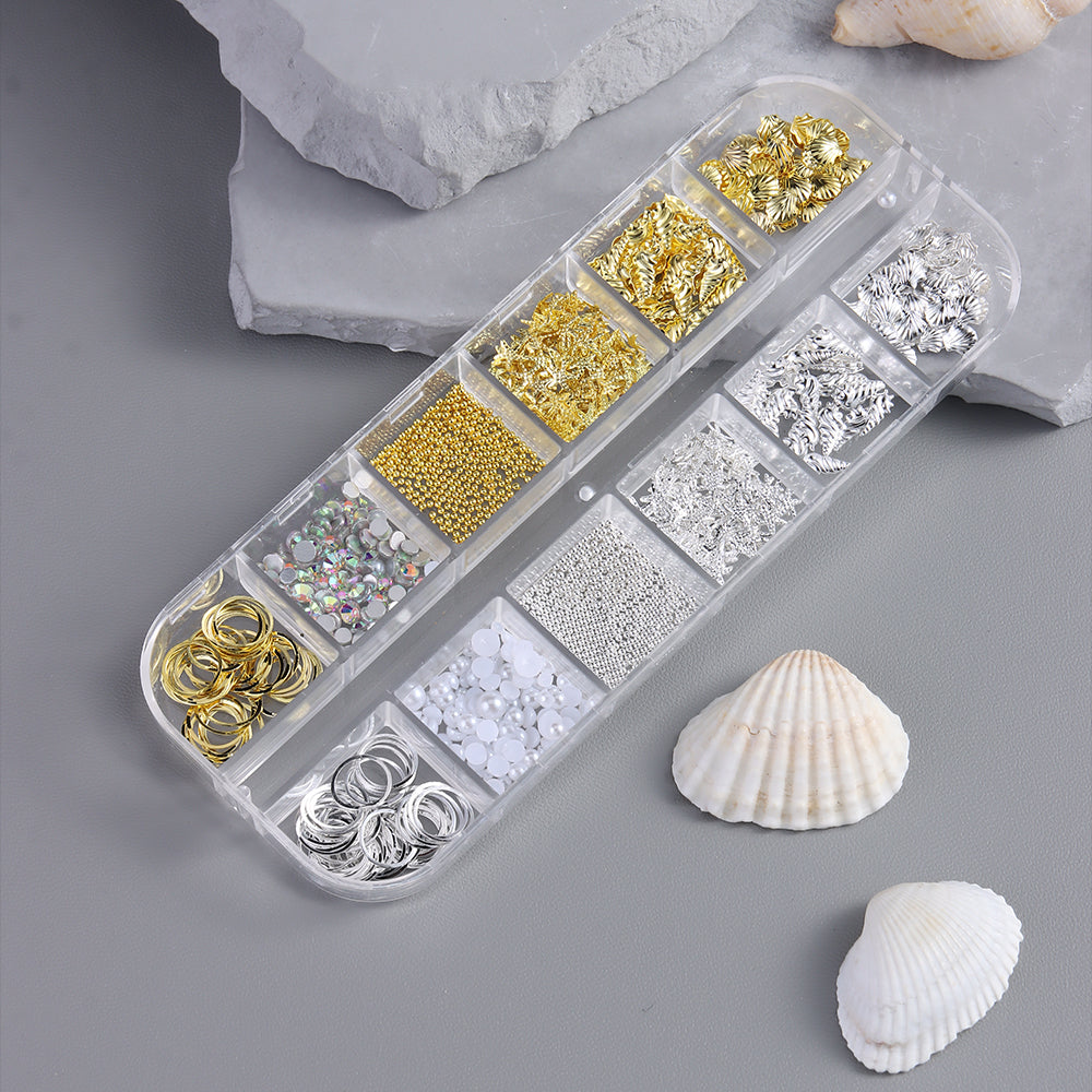 Summer Vacation Nail Art Decoration Kit Gold Silver Shell Starfish Pearl Hollow Rings DIY Ins Inspired