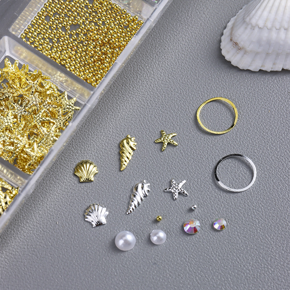 Summer Vacation Nail Art Decoration Kit Gold Silver Shell Starfish Pearl Hollow Rings DIY Ins Inspired