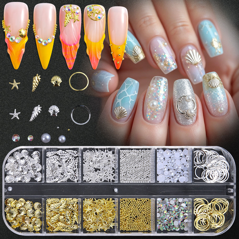 Summer Vacation Nail Art Decoration Kit Gold Silver Shell Starfish Pearl Hollow Rings DIY Ins Inspired