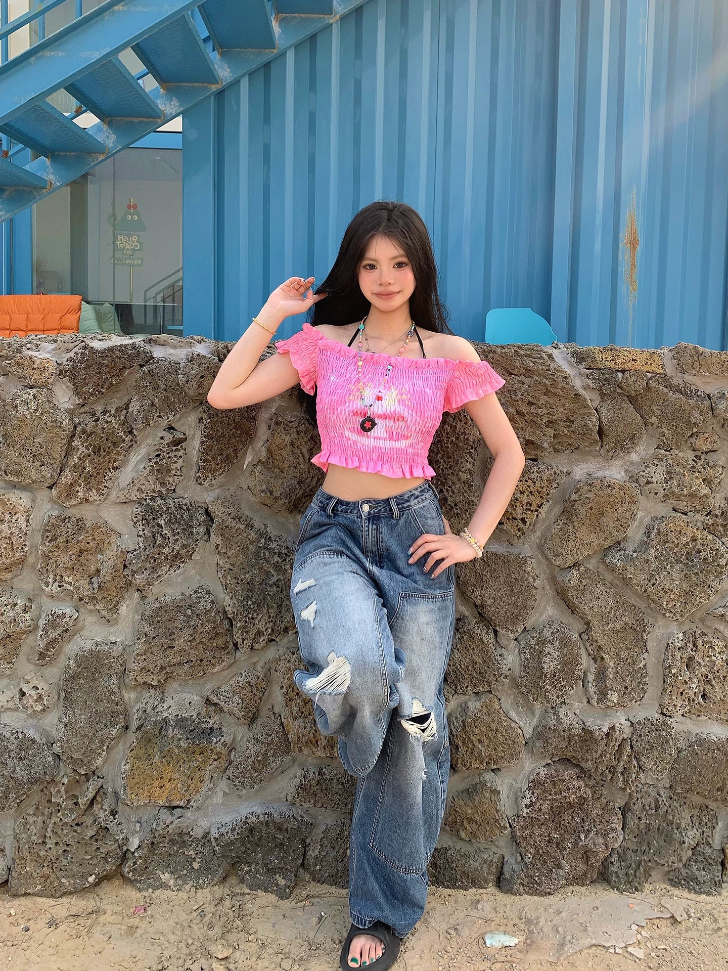 Sweet Pink Cat Print Shirred Off-Shoulder Ruffle Crop Top