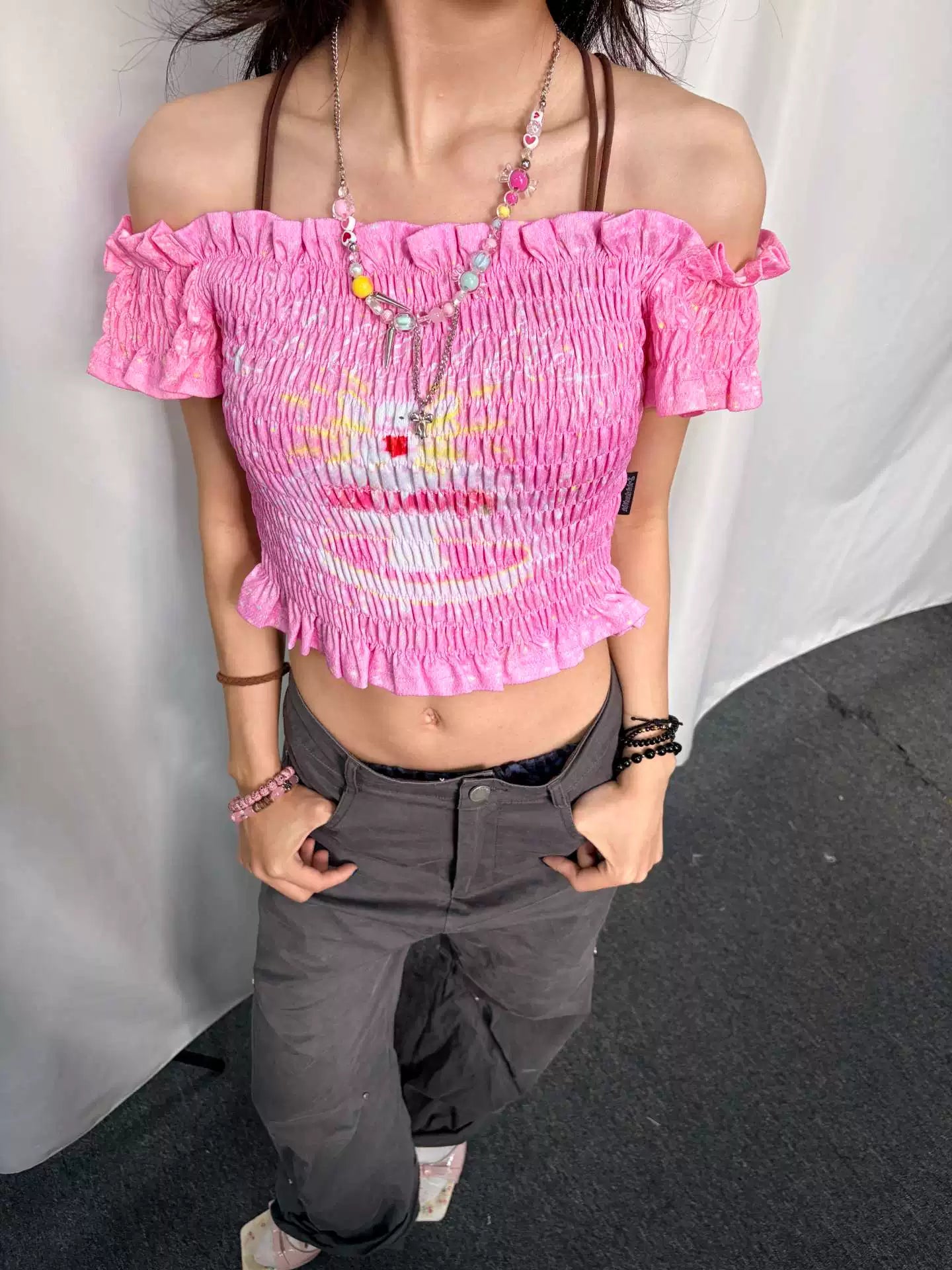 Sweet Pink Cat Print Shirred Off-Shoulder Ruffle Crop Top