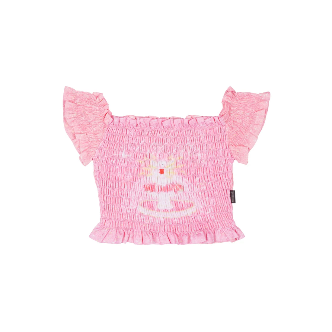 Sweet Pink Cat Print Shirred Off-Shoulder Ruffle Crop Top