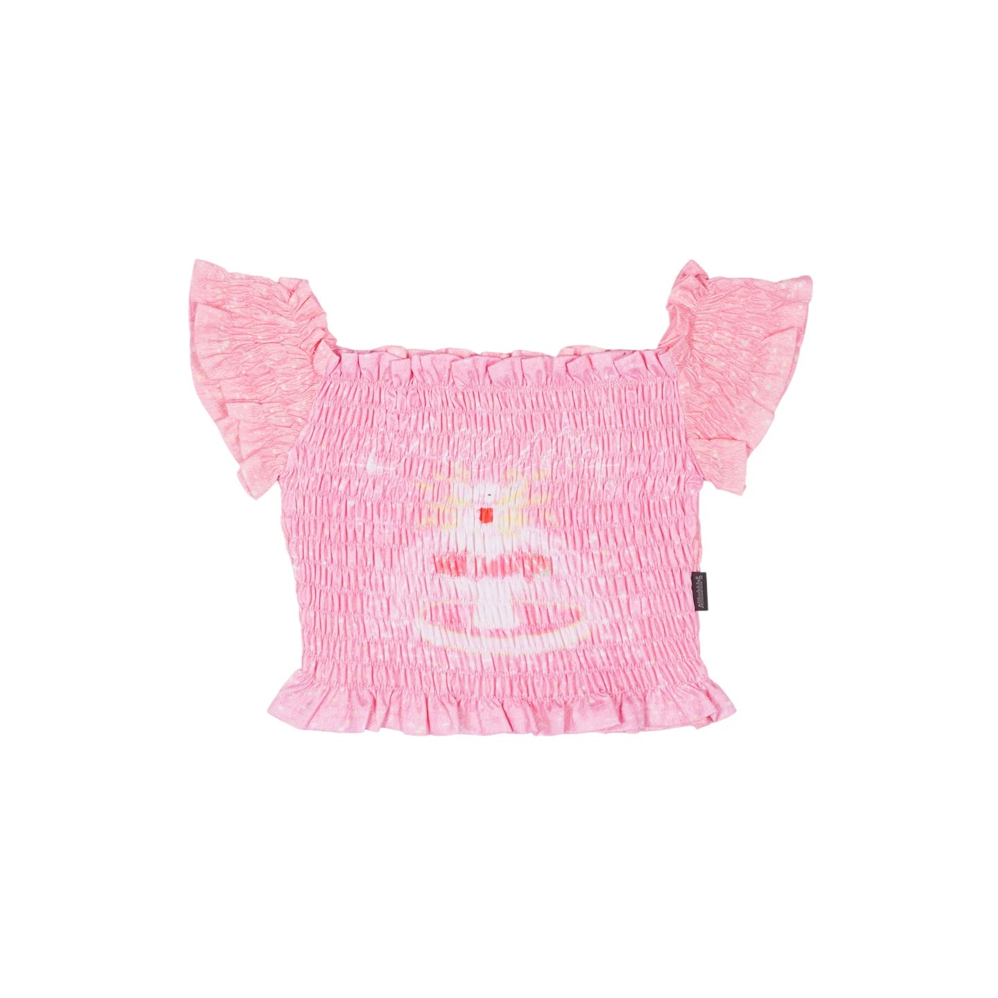 Sweet Pink Cat Print Shirred Off-Shoulder Ruffle Crop Top
