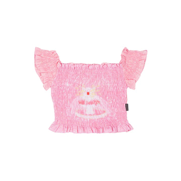 Sweet Pink Cat Print Shirred Off-Shoulder Ruffle Crop Top