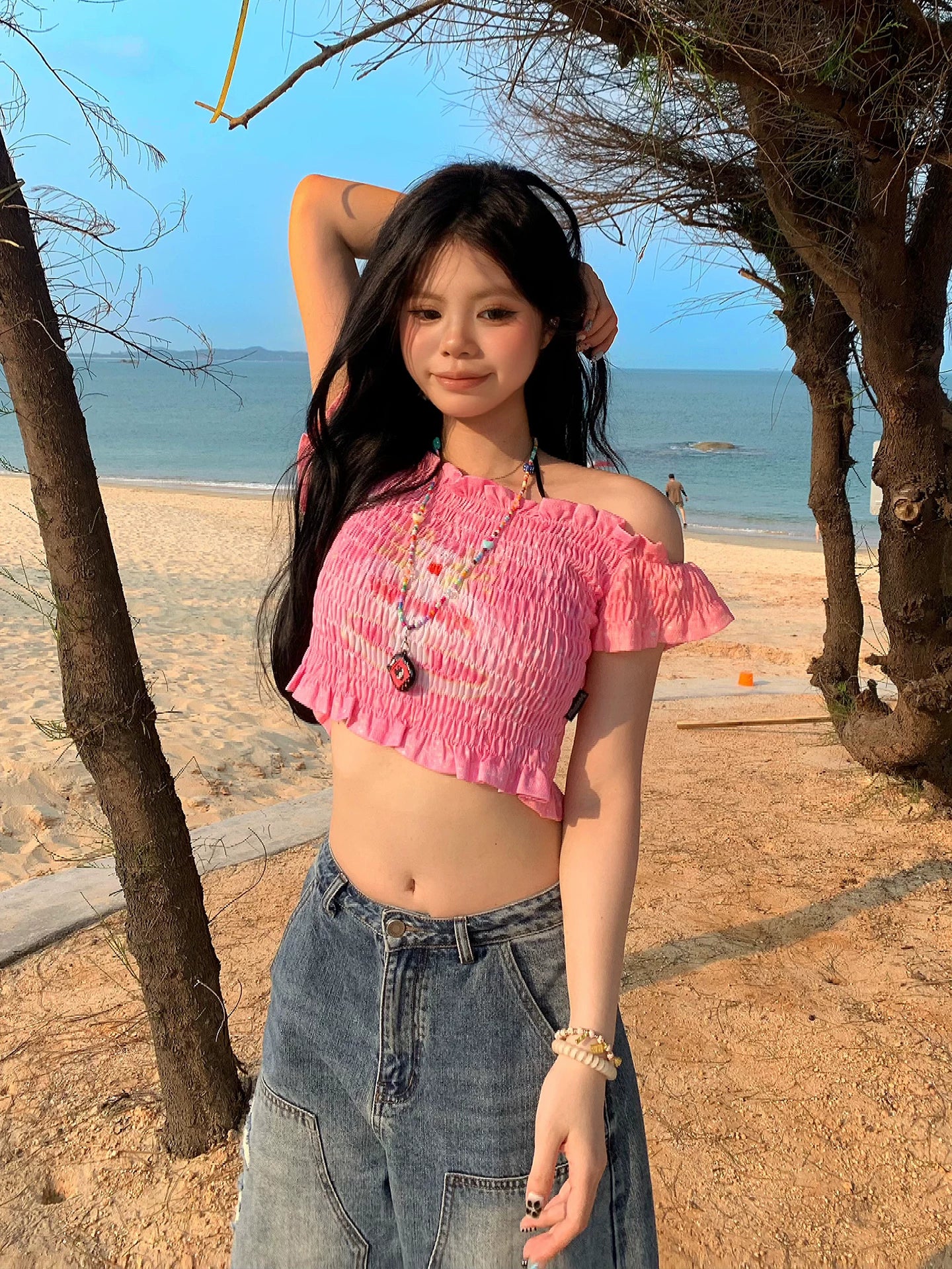 Sweet Pink Cat Print Shirred Off-Shoulder Ruffle Crop Top