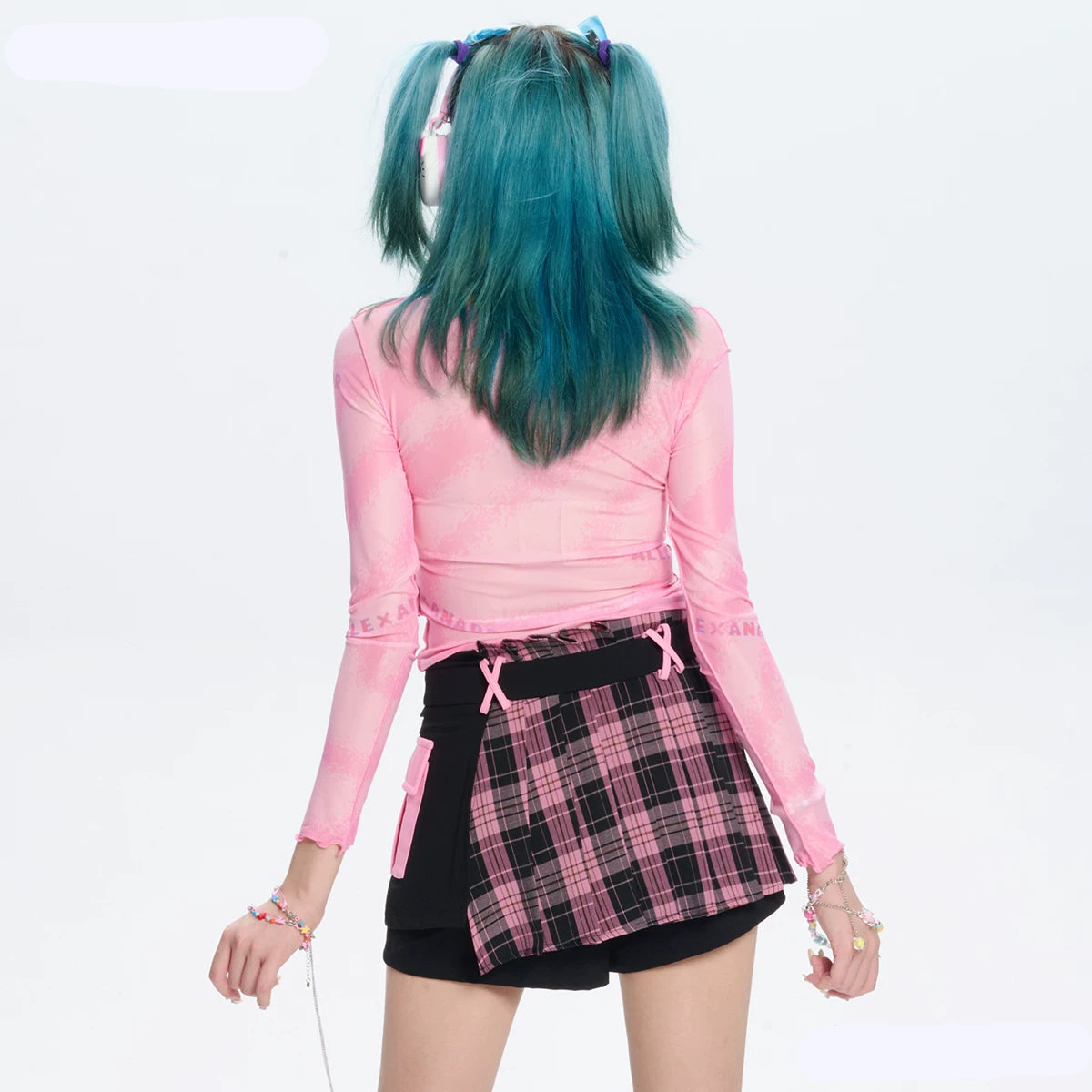 Sweet Pink Pixel Girl Print Bow Mesh Fitted Crop Top