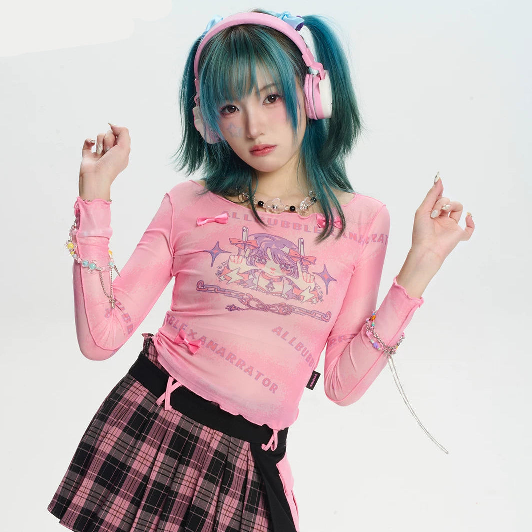 Sweet Pink Pixel Girl Print Bow Mesh Fitted Crop Top