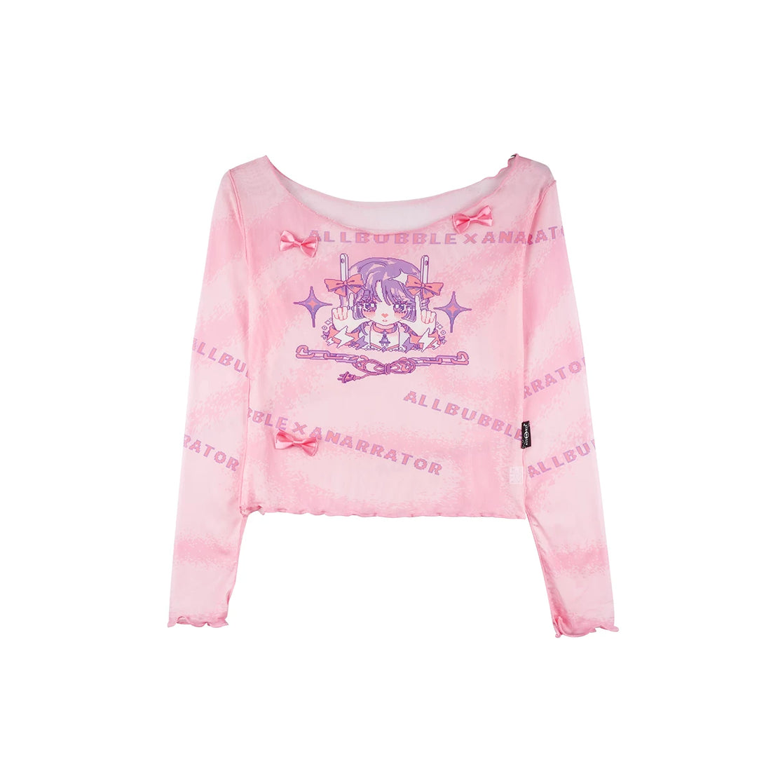 Sweet Pink Pixel Girl Print Bow Mesh Fitted Crop Top