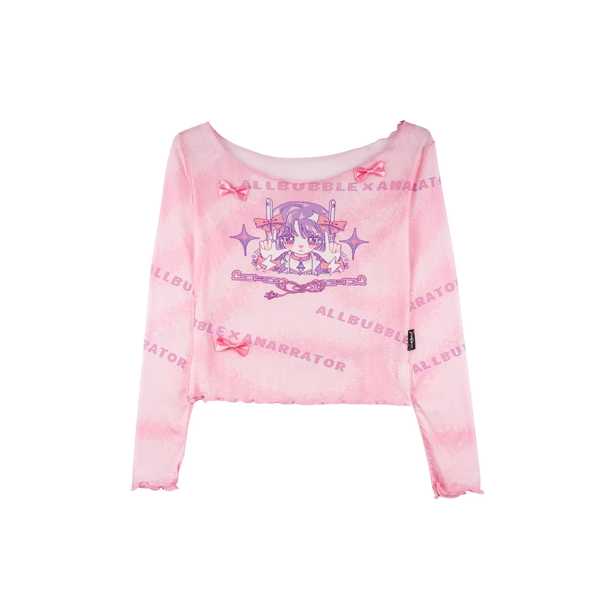 Sweet Pink Pixel Girl Print Bow Mesh Fitted Crop Top