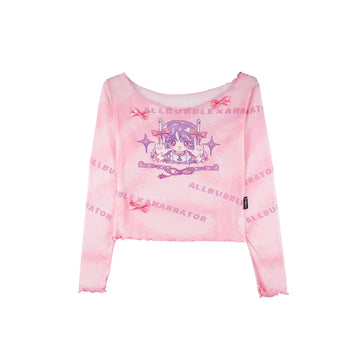 Sweet Pink Pixel Girl Print Bow Mesh Fitted Crop Top