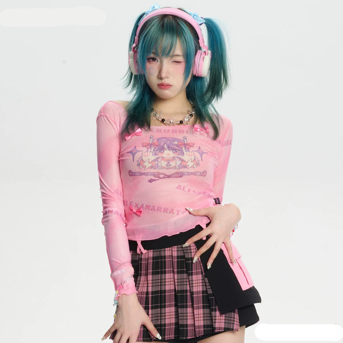 Sweet Pink Pixel Girl Print Bow Mesh Fitted Crop Top