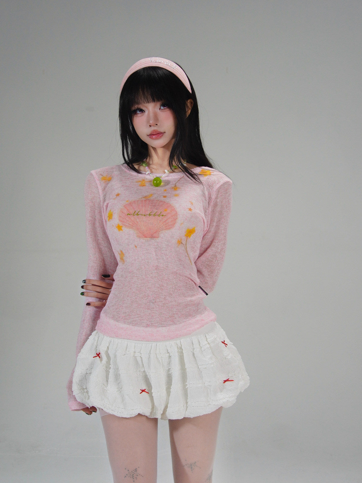 Sweet Pink Seashell Star Floral Print Fitted Long Sleeve Top