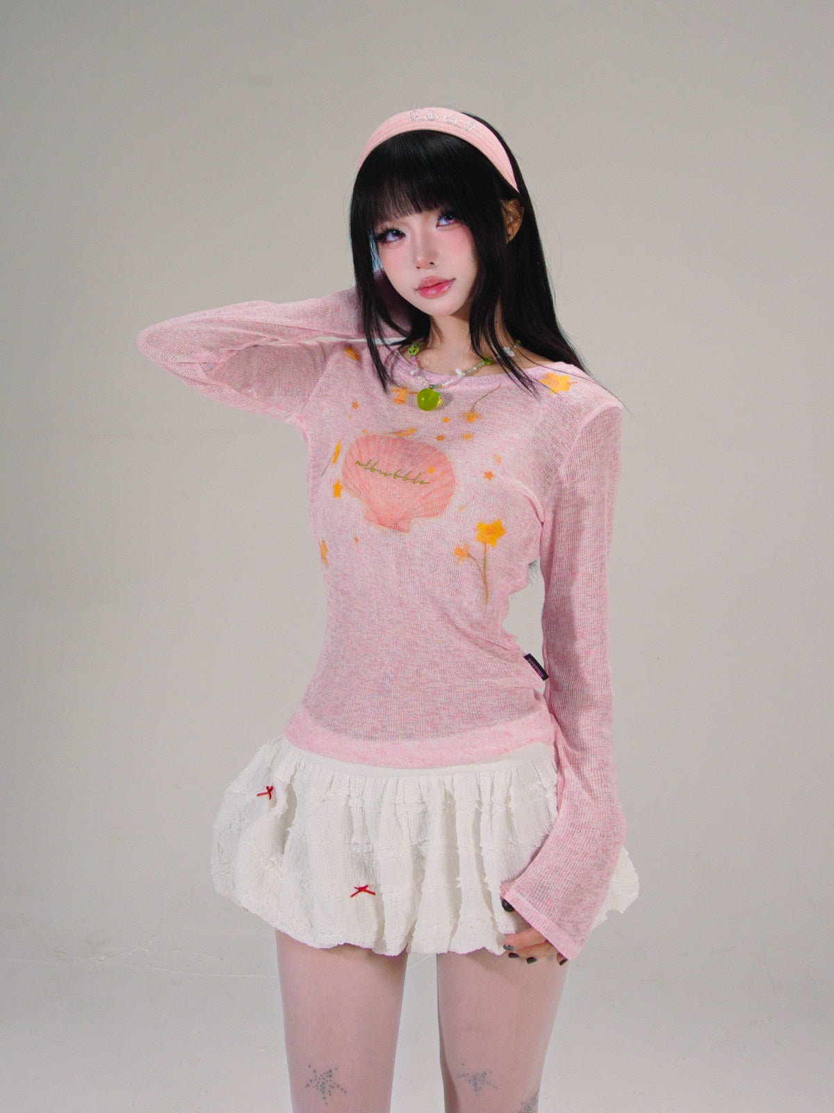 Sweet Pink Seashell Star Floral Print Fitted Long Sleeve Top