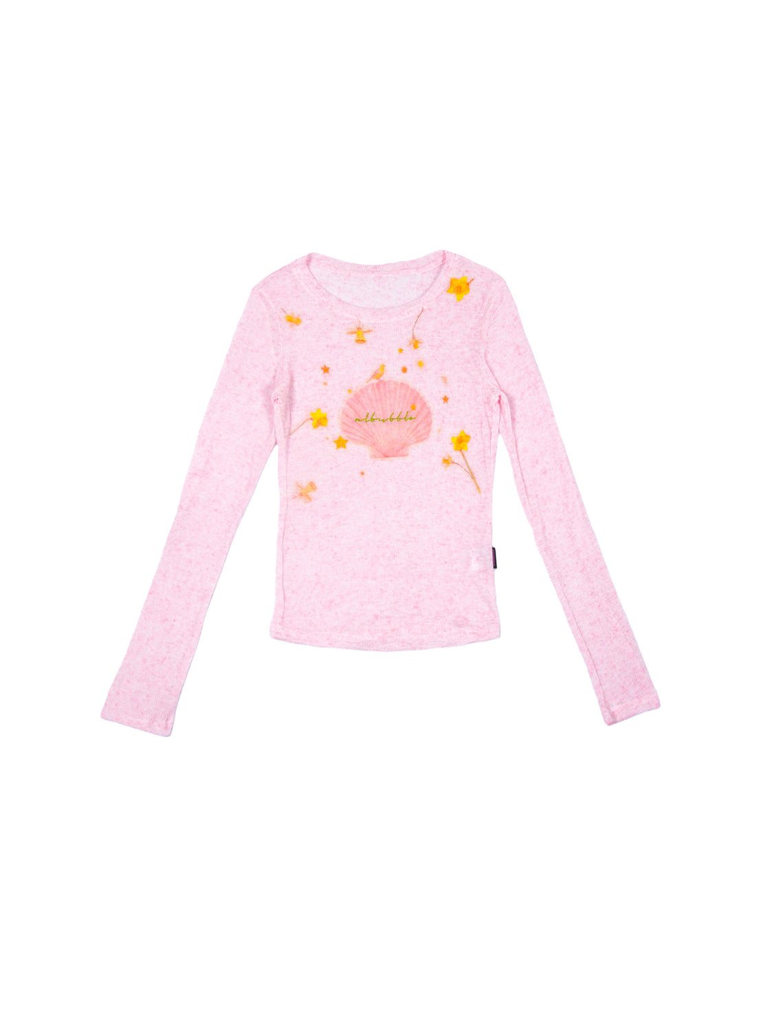 Sweet Pink Seashell Star Floral Print Fitted Long Sleeve Top