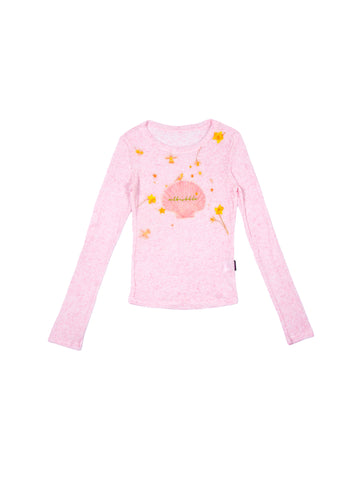 Sweet Pink Seashell Star Floral Print Fitted Long Sleeve Top