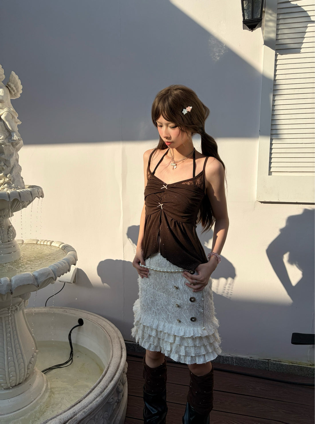 Twilight Forest Dark Brown Glitter Lace Layered Ruffle Camisole Top