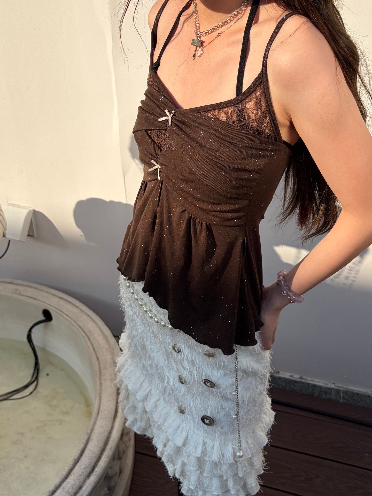 Twilight Forest Dark Brown Glitter Lace Layered Ruffle Camisole Top