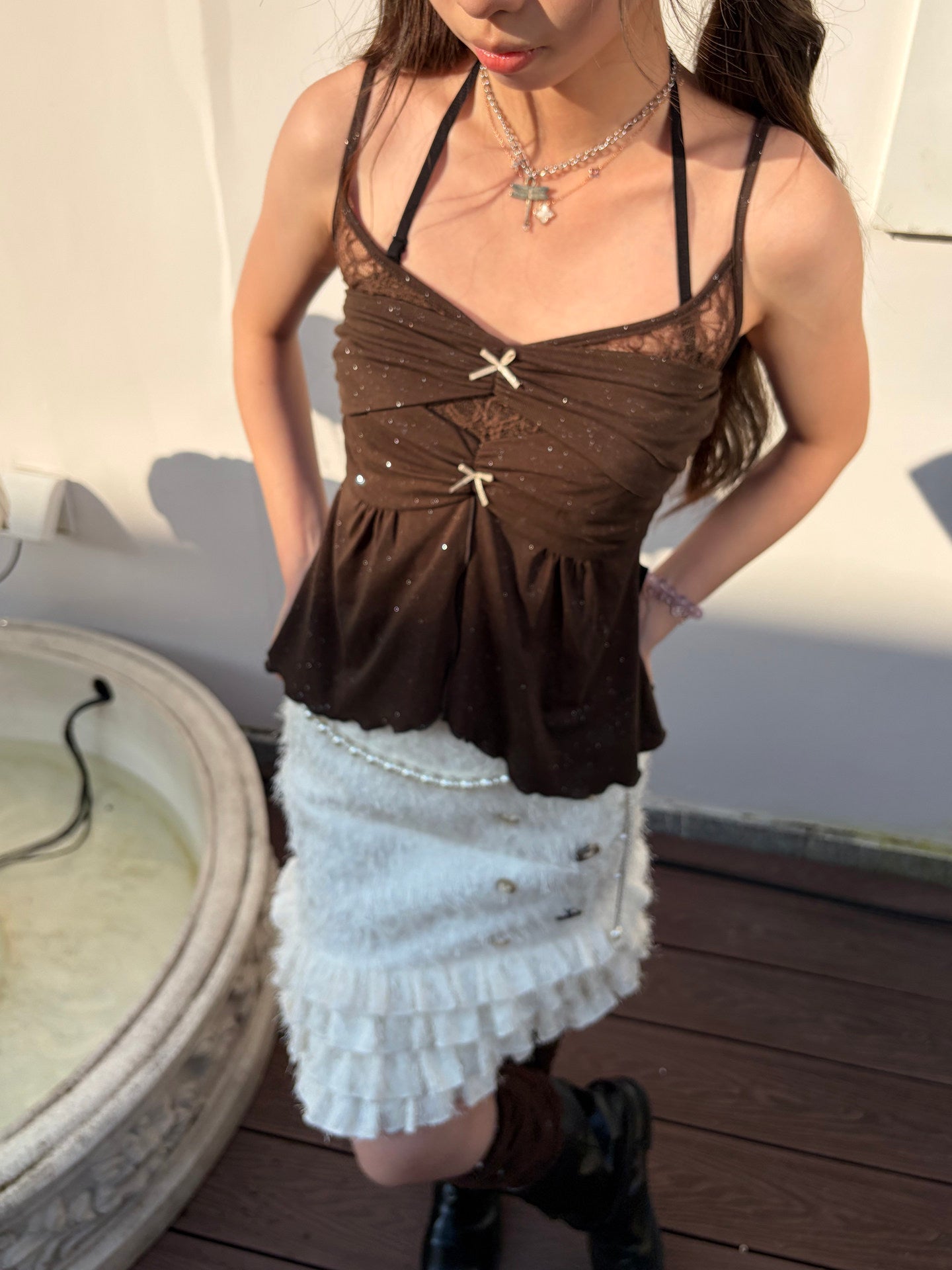 Twilight Forest Dark Brown Glitter Lace Layered Ruffle Camisole Top