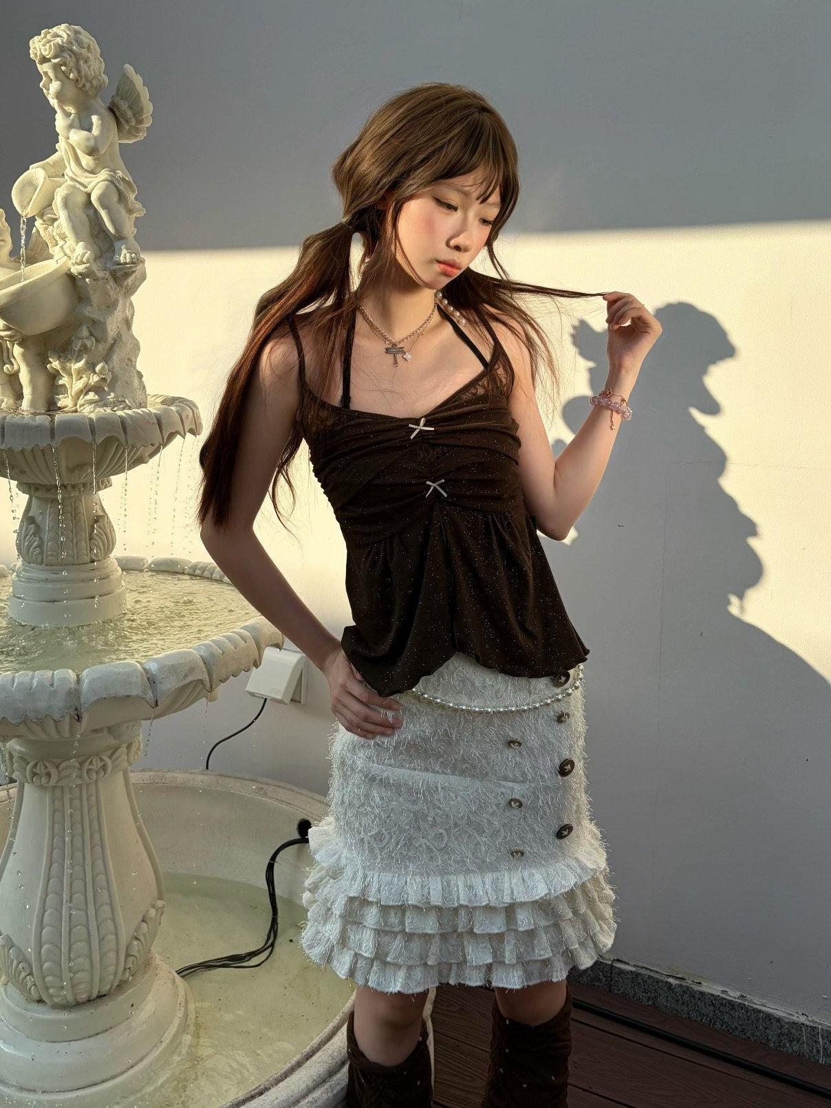 Twilight Forest Dark Brown Glitter Lace Layered Ruffle Camisole Top