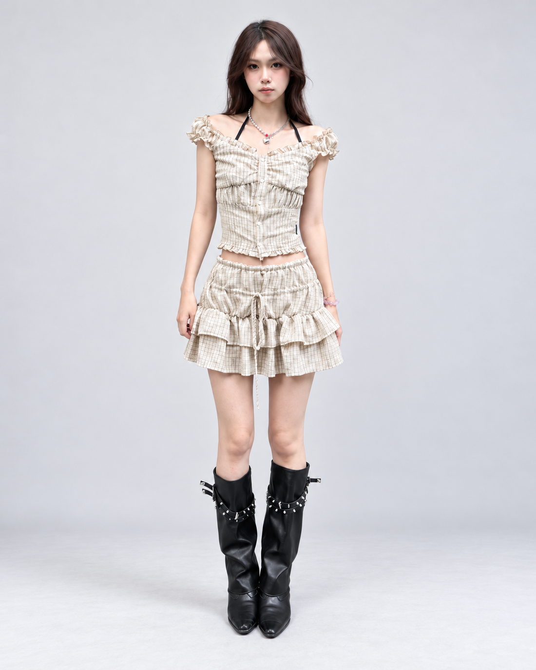 Vintage Khaki Plaid Ruffle Preppy Two Piece Set