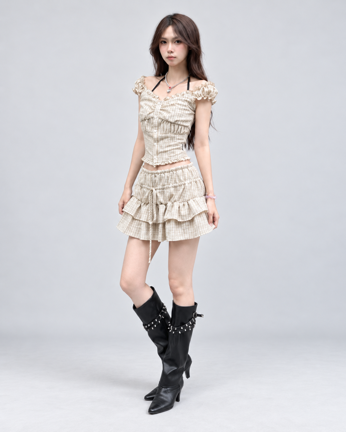 Vintage Khaki Plaid Ruffle Preppy Two Piece Set