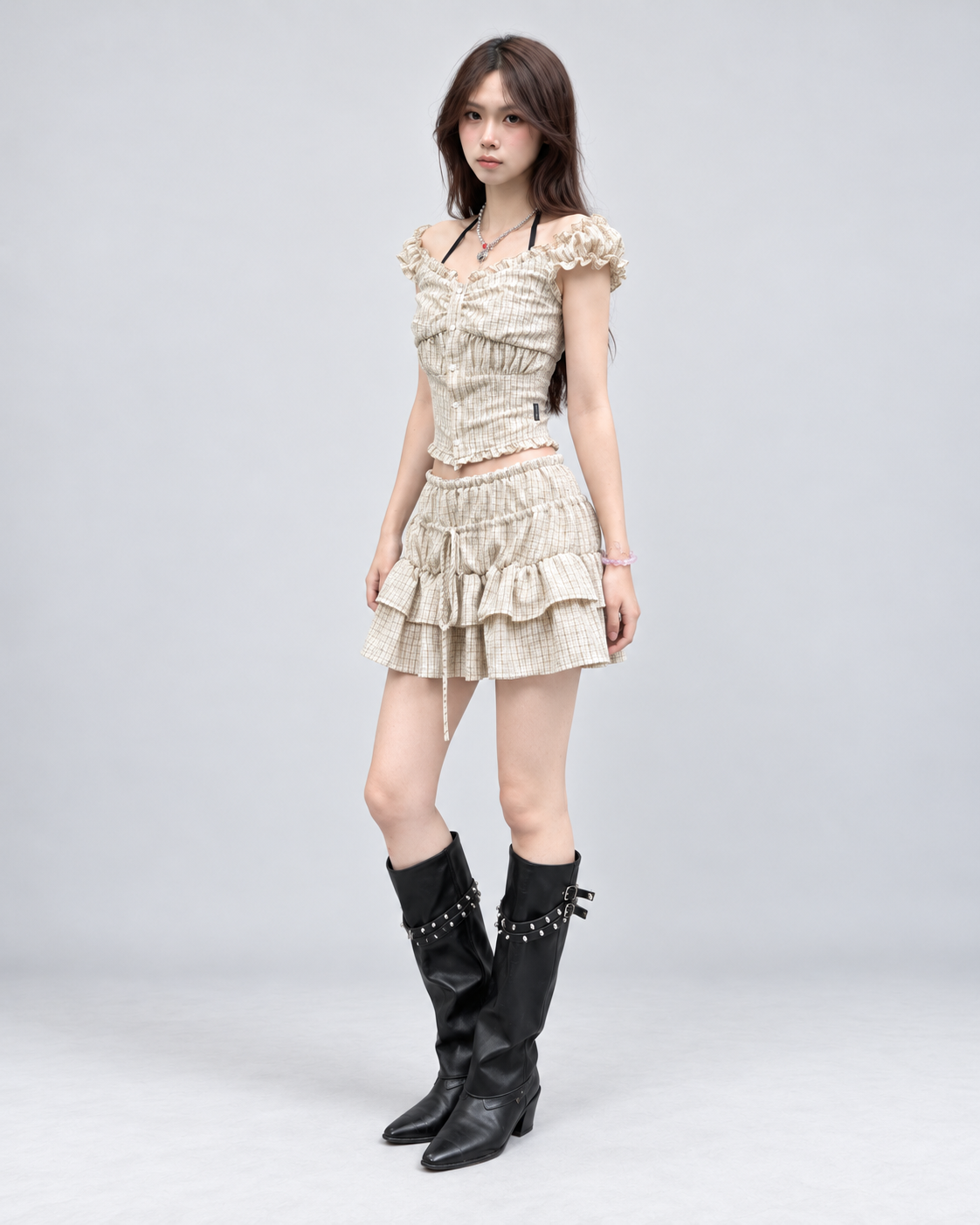 Vintage Khaki Plaid Ruffle Preppy Two Piece Set