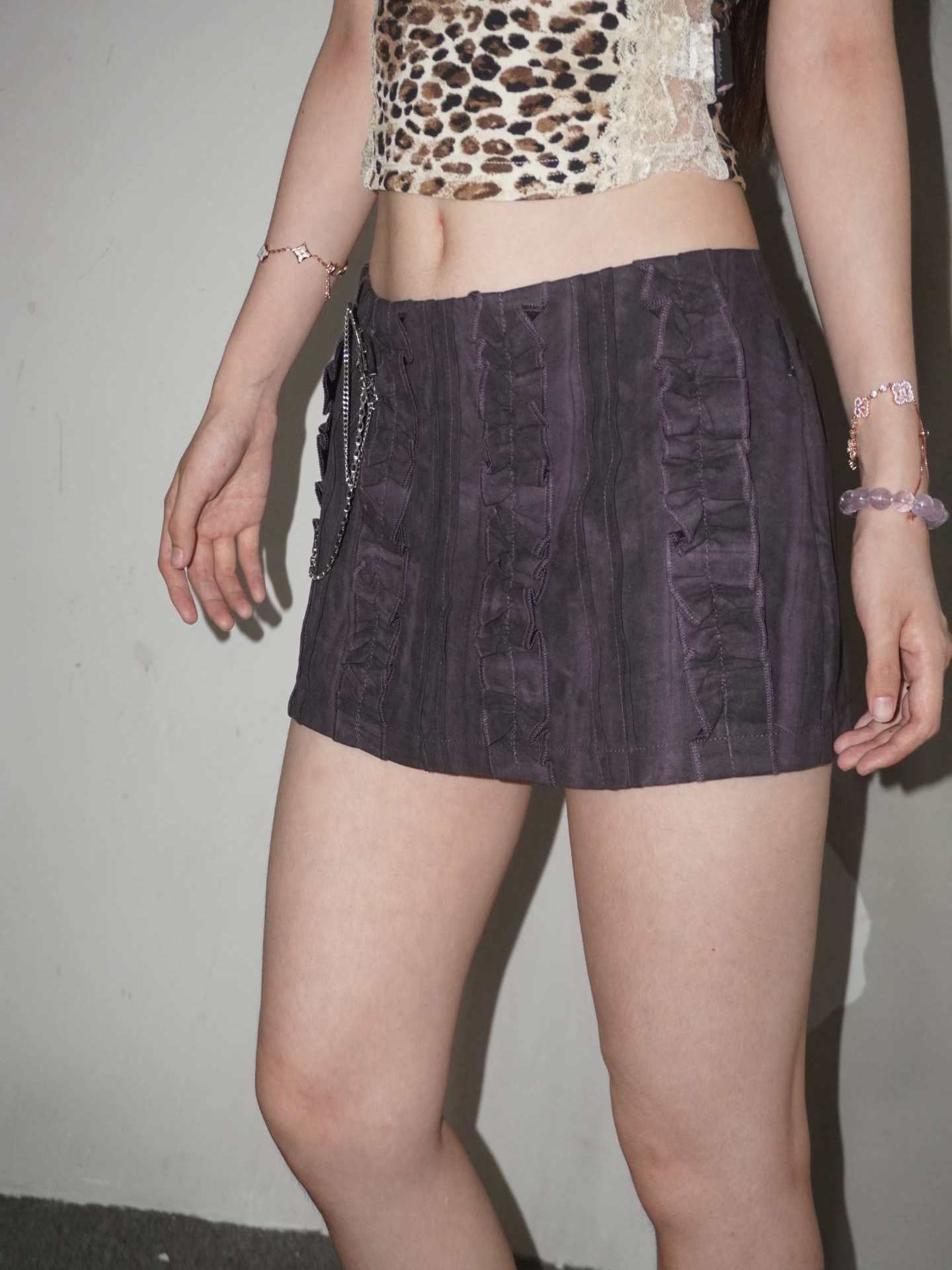 Washed Deep Purple Low-Rise Ruffle Pleated Bodycon Mini Skort
