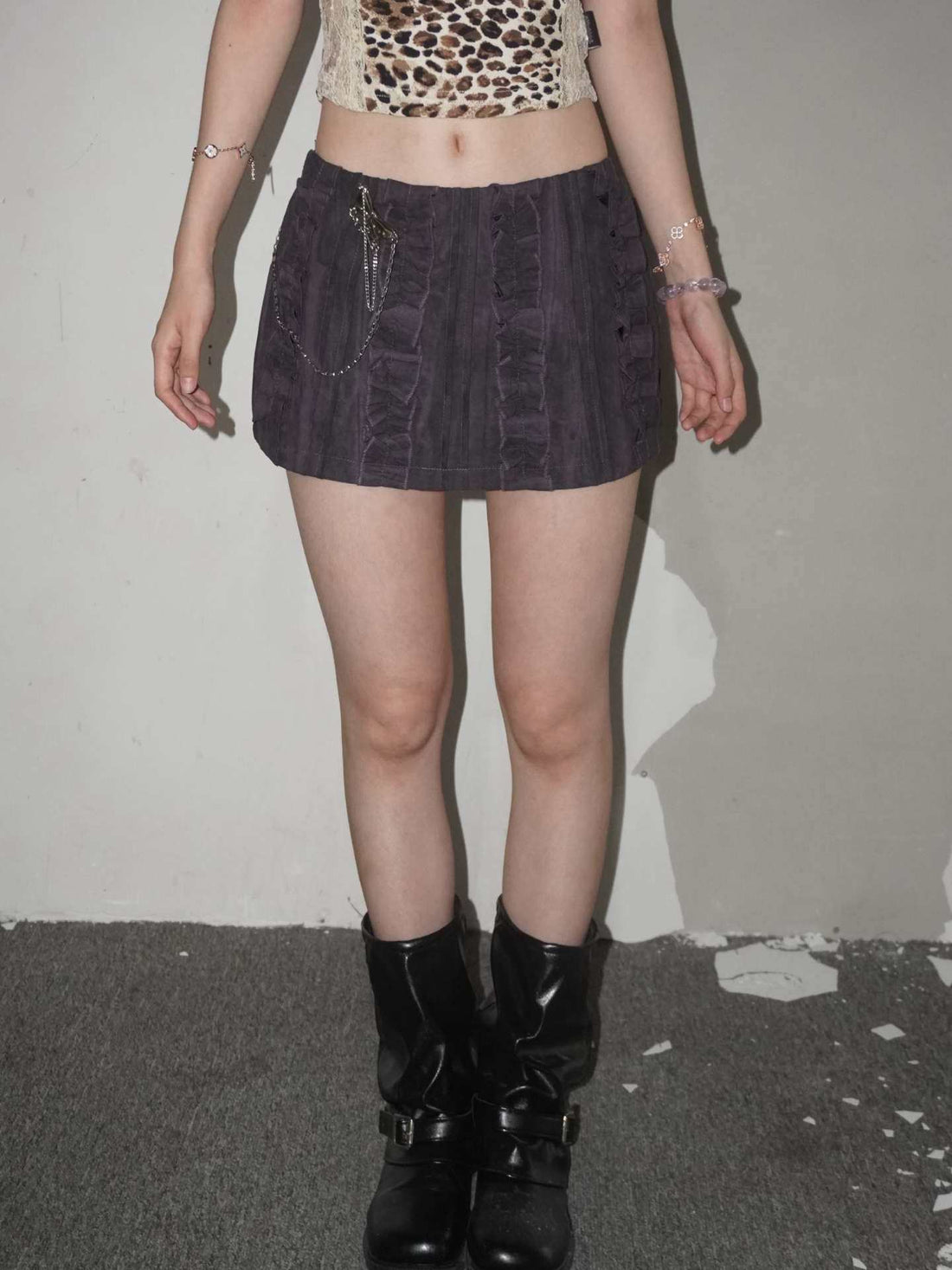 Washed Deep Purple Low-Rise Ruffle Pleated Bodycon Mini Skort