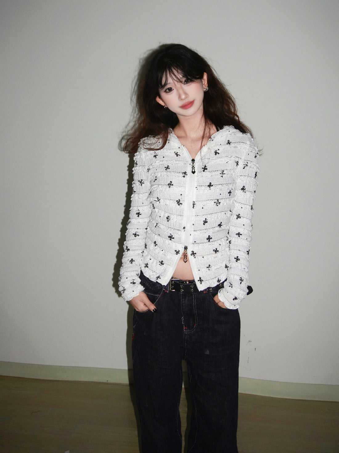 White Black Bow Print Two-Way Zip Fitted Hooded Cardigan