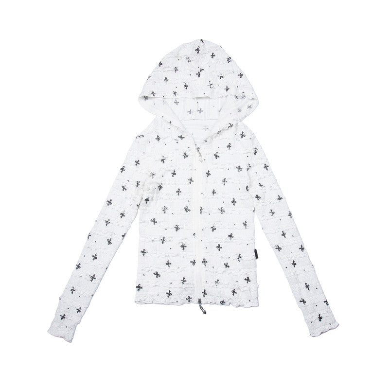 White Black Bow Print Two-Way Zip Fitted Hooded Cardigan