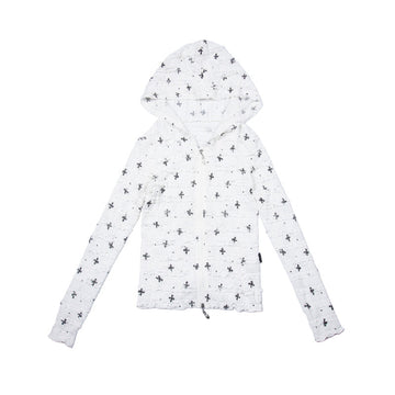 White Black Bow Print Two-Way Zip Fitted Hooded Cardigan