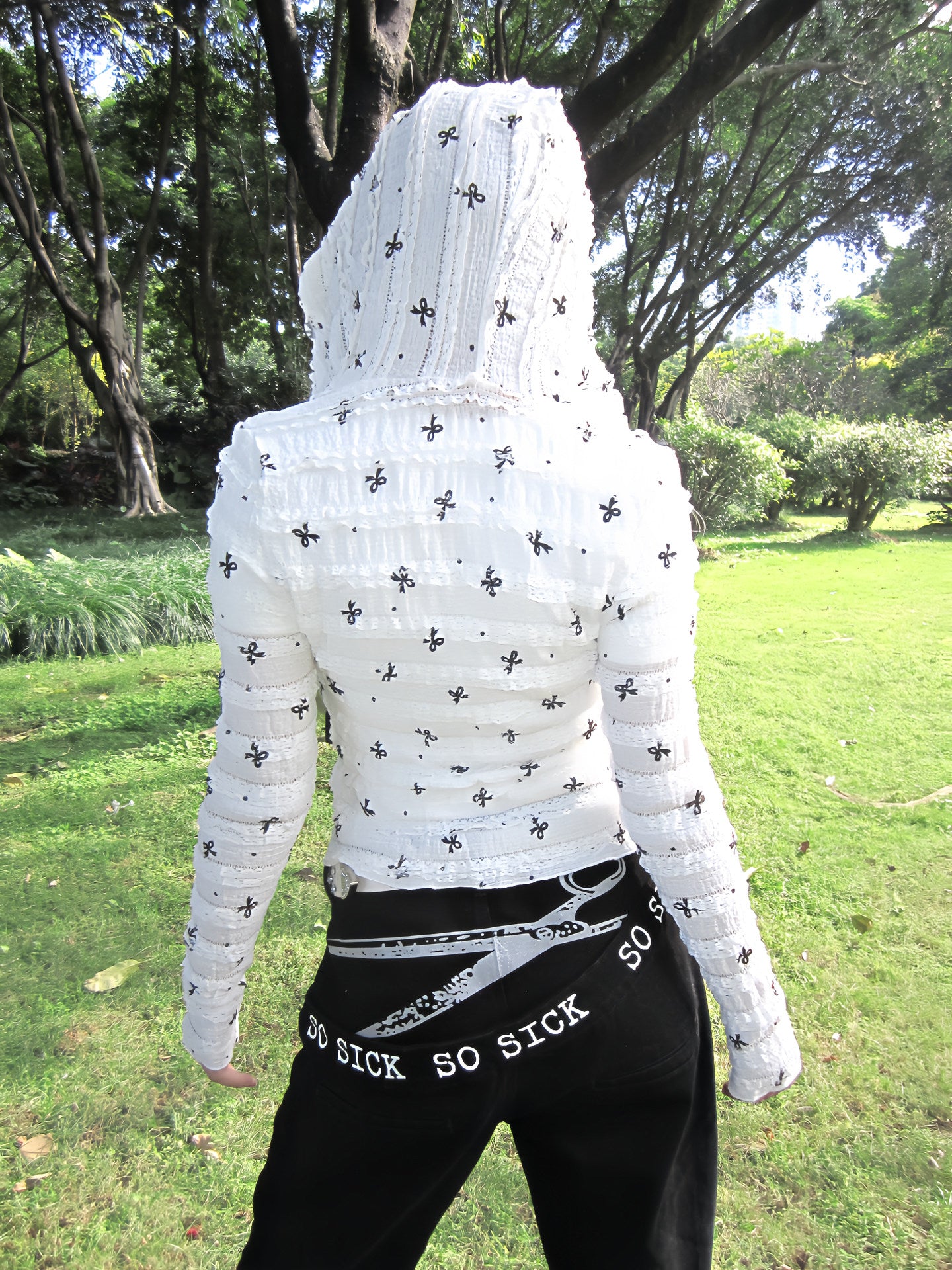 White Black Bow Print Two-Way Zip Fitted Hooded Cardigan