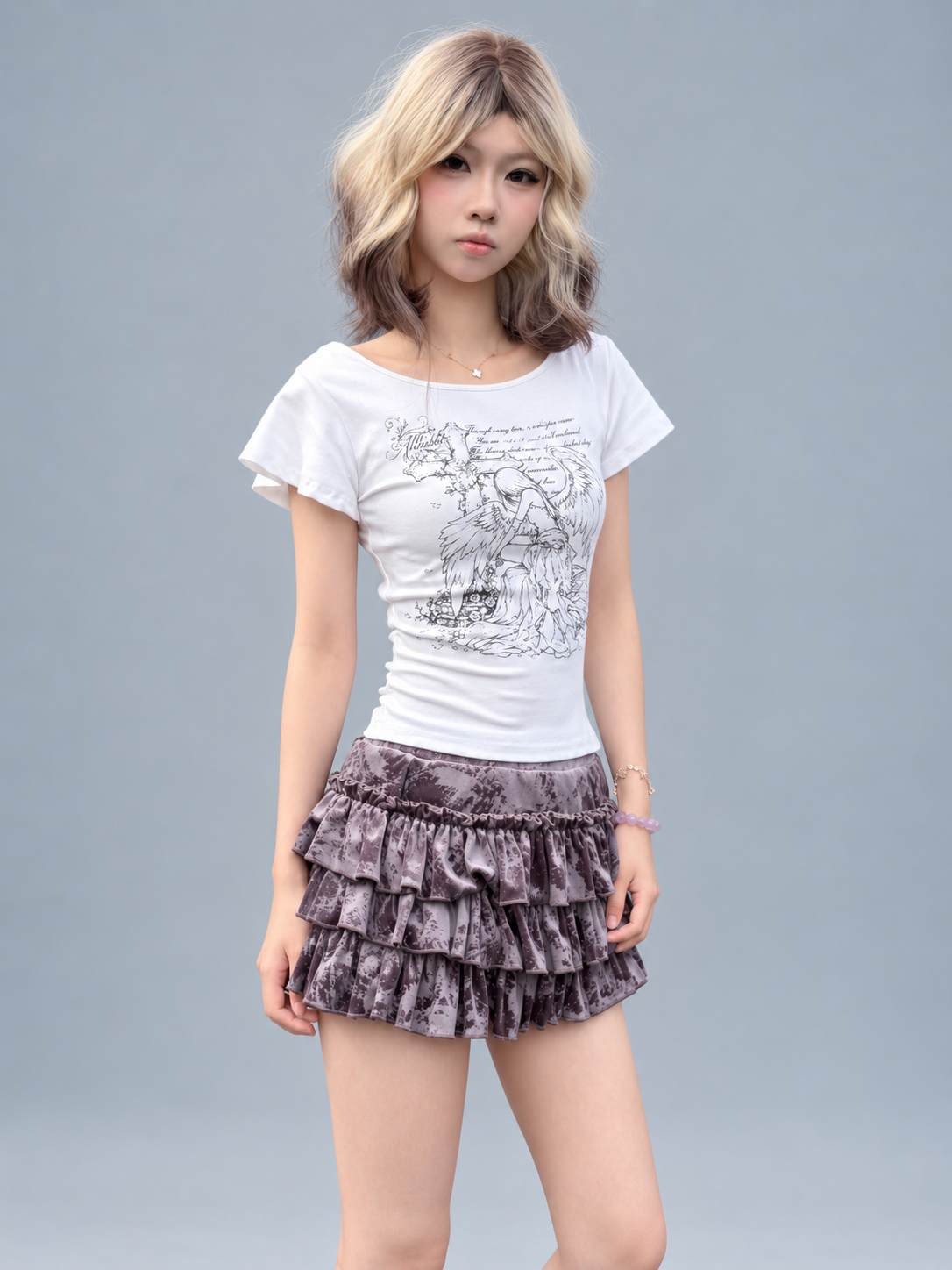 Y2K Angel Graphic Flutter Sleeve Fitted Top